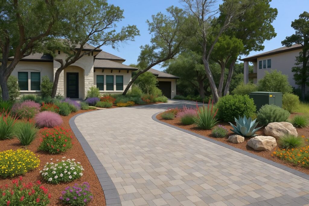 design rendering of a front yard landscaping plan with hardscaped driveway